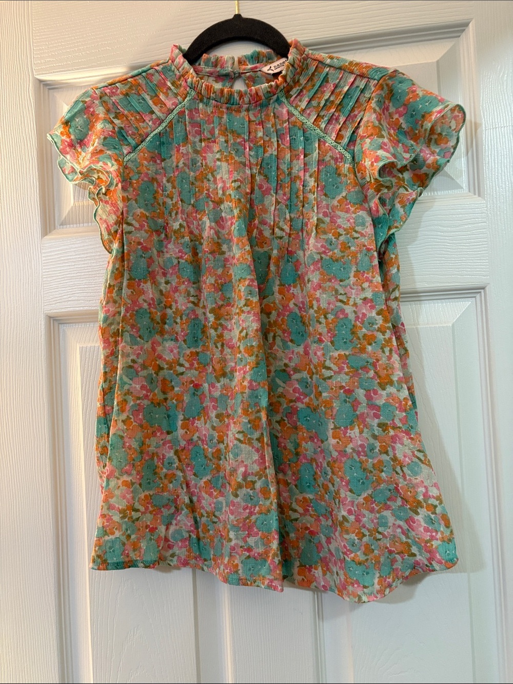 Nanette Lepore Floral Pintuck Short Sleeve Blouse in Teal, Pink & Orange